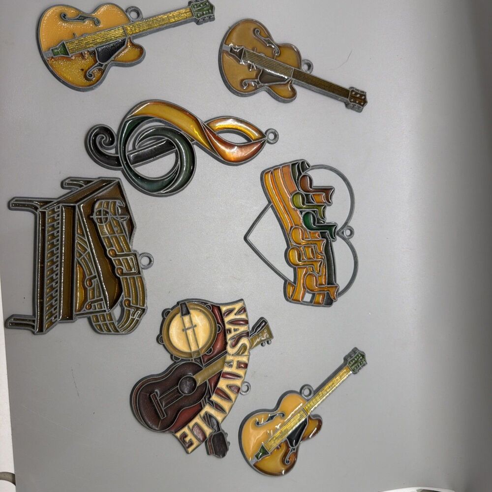 Vtg Nashville Guitar &music Suncatcher Ornaments Lot of 7  Stained Glass 70s 80s